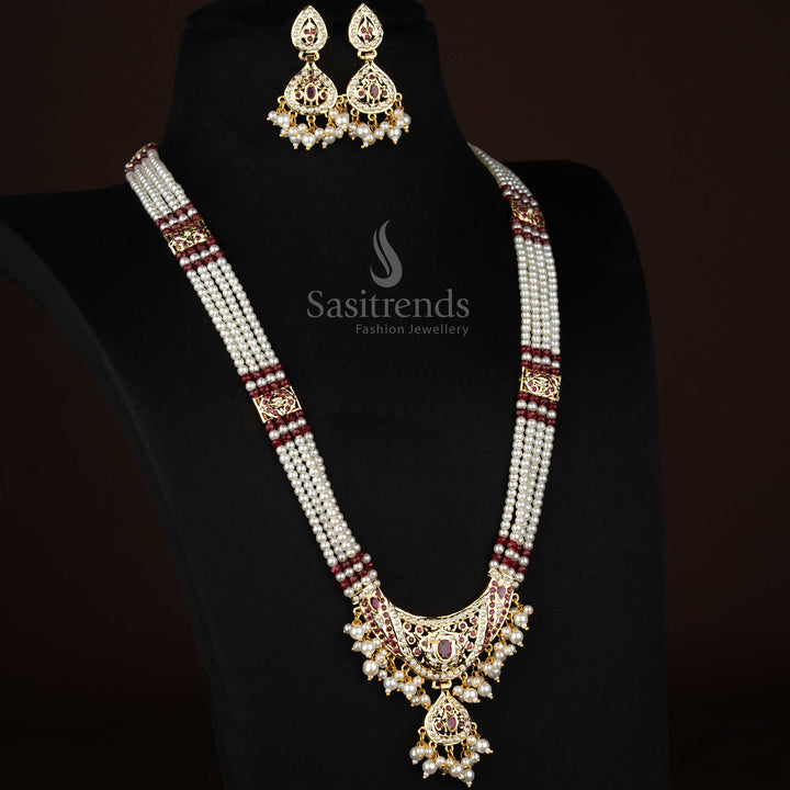 premium four layer pearl haram jewellery featuring American Diamond stone centre design, pearl drop detailing and premium micro gold plated finish for engagement and party wear from Sasitrends