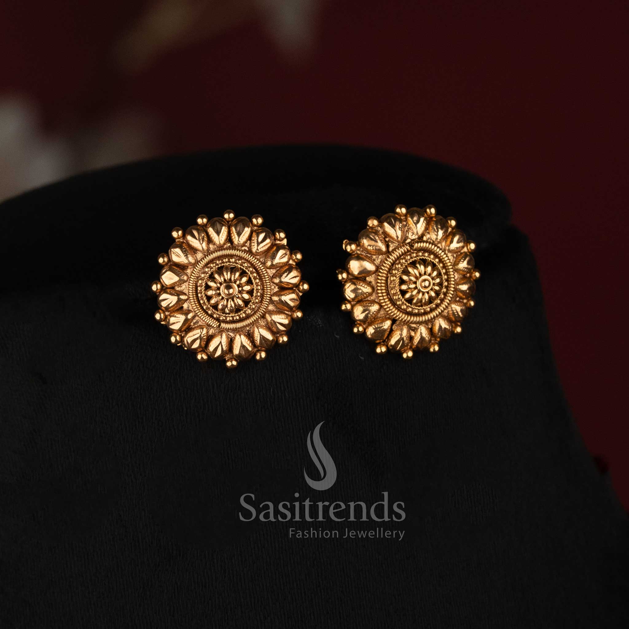 Sasitrends traditional Goddess Lakshmi golden barrel textured bead mala necklace set with matching floral stud earrings