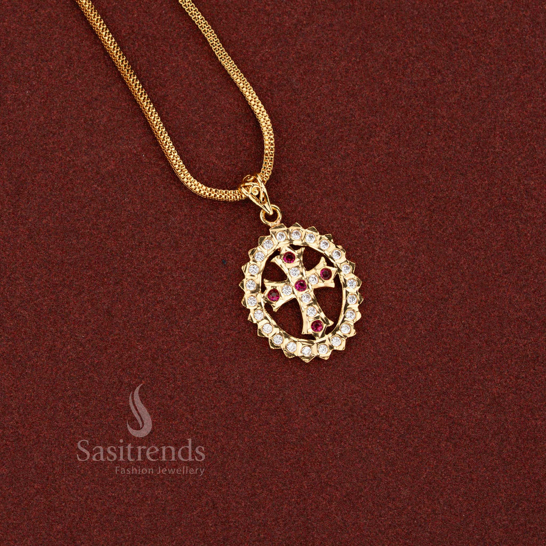 Sasitrends Impon Addigai micro gold plated Christ cross pendant with oval white ruby AD Stone frame and structured devotional design