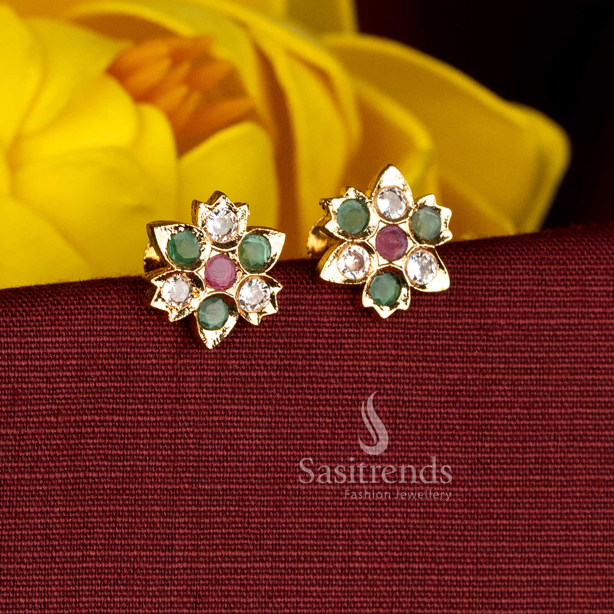 sasitrends traditional impon addigai micro gold plated multi ad stone floral design screw type stud earrings with real gold look