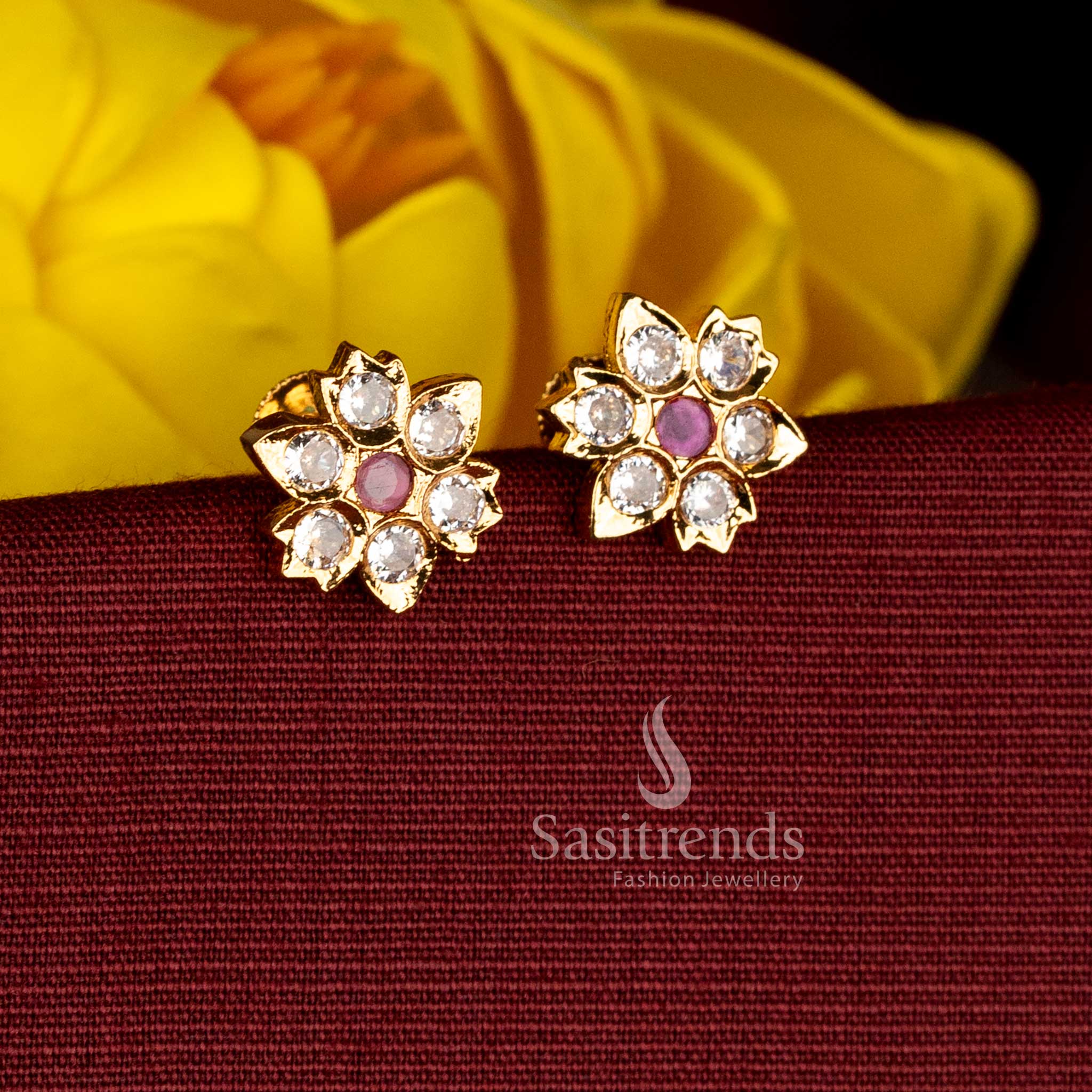 Traditional Floral Design Impon Addigai 24K Micro Gold Plated white ruby AD Stone Screw Type Stud Earrings | Look Like Real gold - Sasitrends