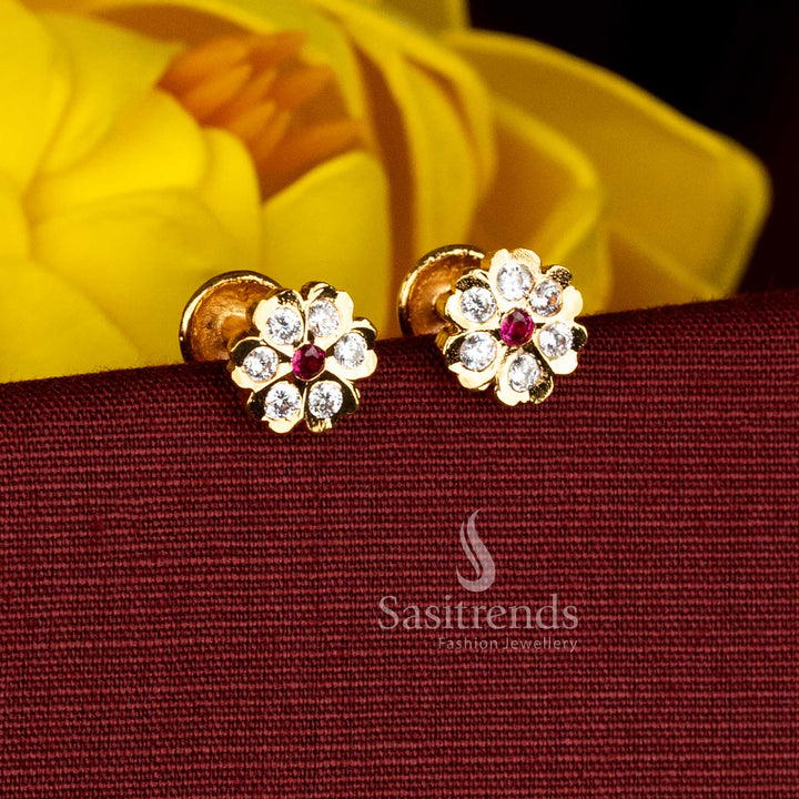 Traditional Floral Design Impon Addigai One Gram Micro Gold Plated AD Stone Screw Type Stud Earrings with Real Gold Look
