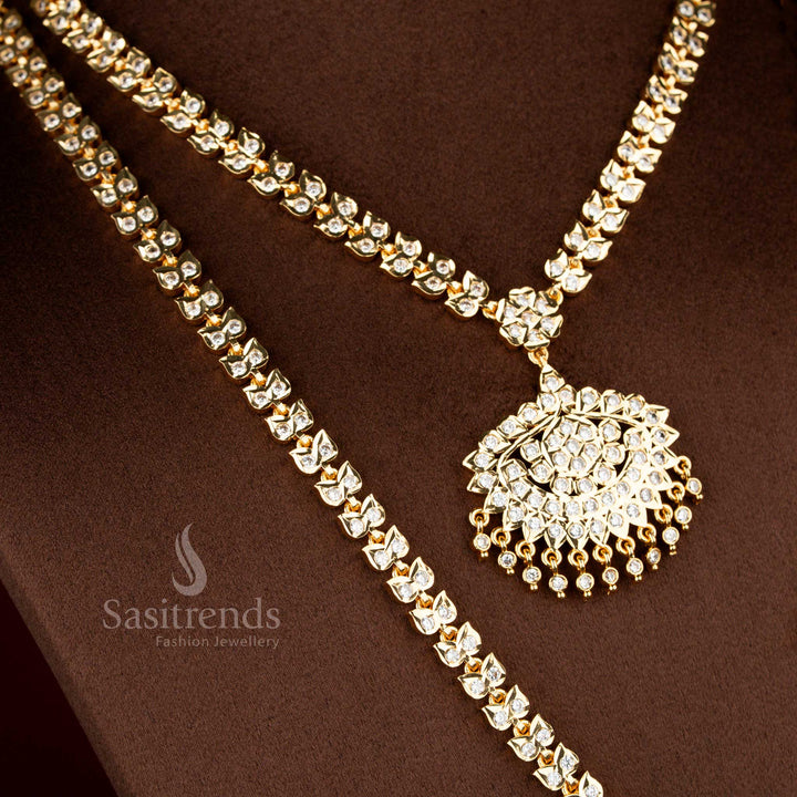 Traditional Impon Addigai necklace by Sasitrends with white AD stones, double layer structured chain formation and classic South Indian pendant craftsmanship
