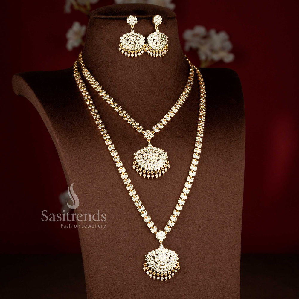 Elegant white color AD stone Impon Addigai necklace highlighting micro gold plating, uniform stone chain structure and traditional craftsmanship
