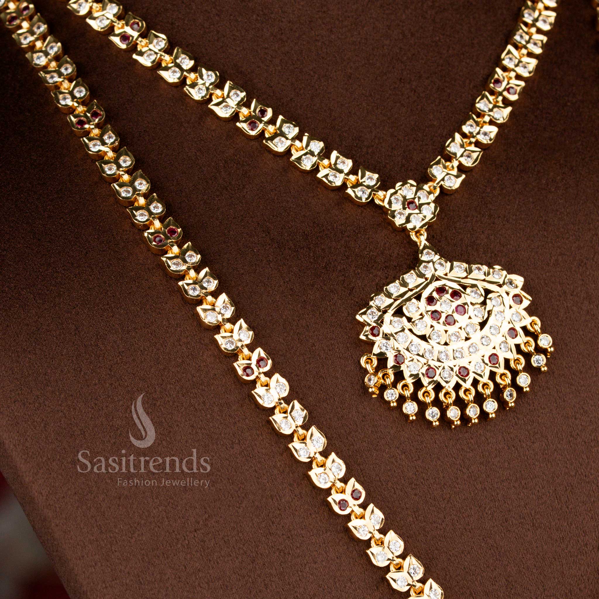 
Traditional Impon Addigai necklace featuring white ruby AD stone settings, double layer structured chain pattern and classic dome pendant design
