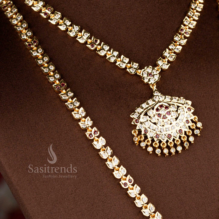 
Traditional Impon Addigai necklace featuring white ruby AD stone settings, double layer structured chain pattern and classic dome pendant design
