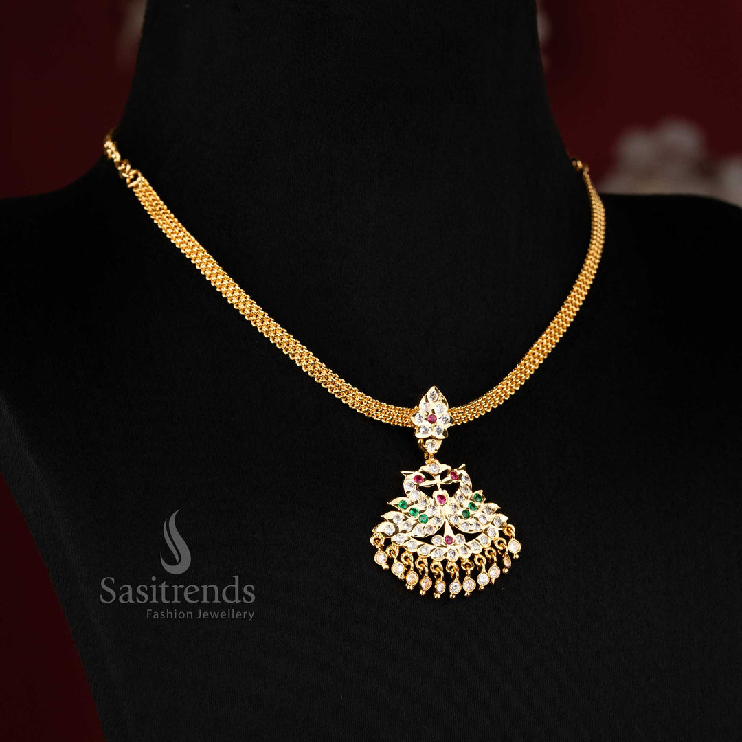 Sasitrends traditional impon pendant chain necklace designed with detailed peacock motifs and dangling stone elements for elegant cultural and festive attire