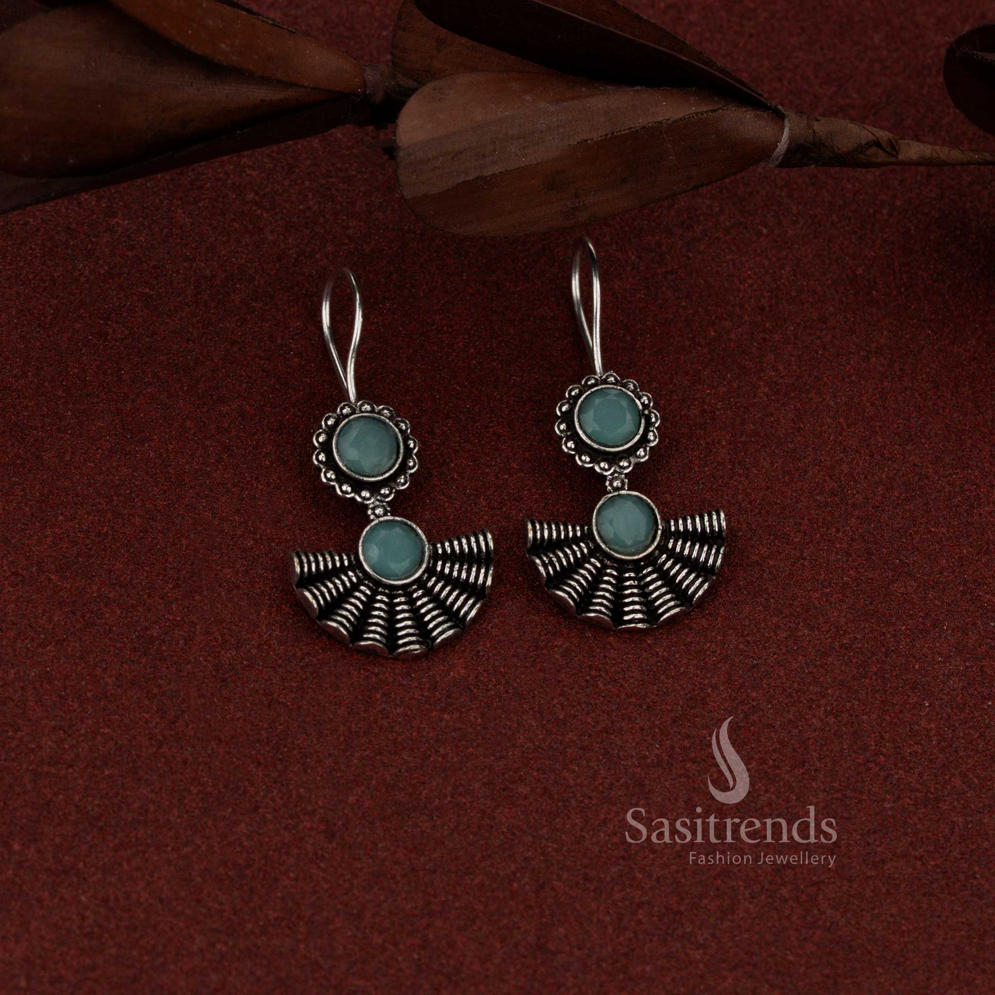 Sasitrends everyday wear oxidised silver fish hook earrings featuring round shell ocean blue stone with subtle shine