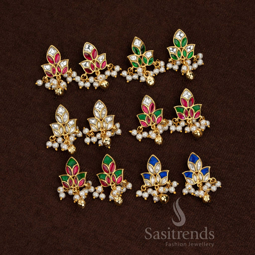 Sasitrends stunning premium 24k jadau gold plated white blue ruby green kundan stone leaf motif earcuff earrings with pearl hanging design, casual temple wear
