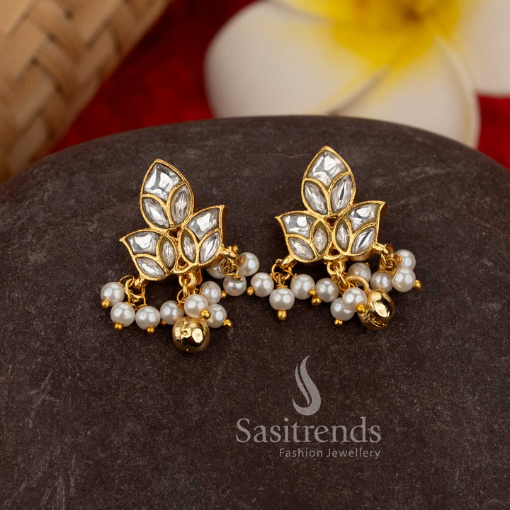 Traditional attractive 24K jadau gold plated leaf design white kundan stone earcuff earrings for temple and wedding wear – Sasitrends