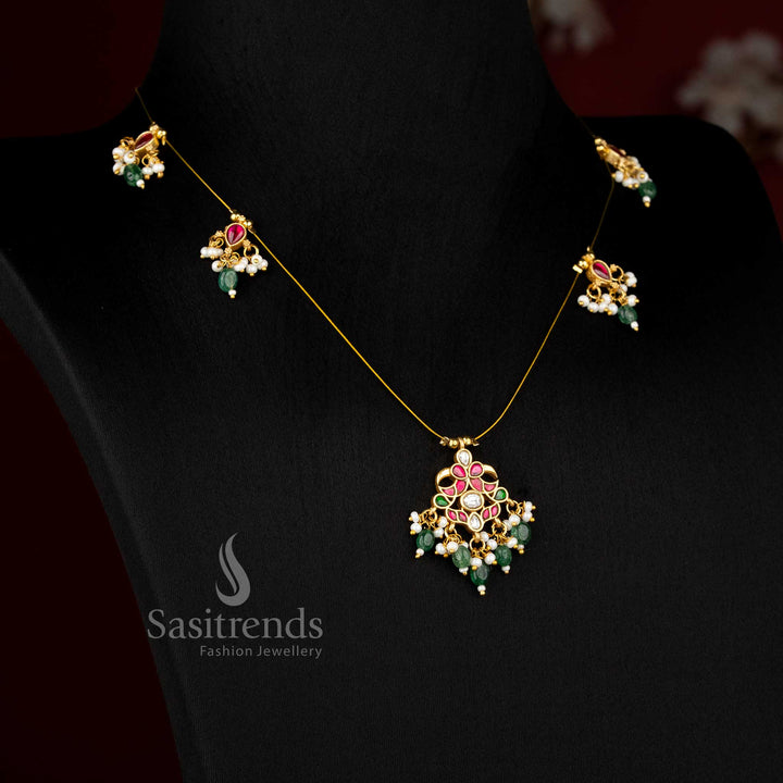 Sasitrends traditional jadau invisible chain 24K gold plated necklace crafted with motif pattern and pearl touch suitable for ethnic wear and saree styling
