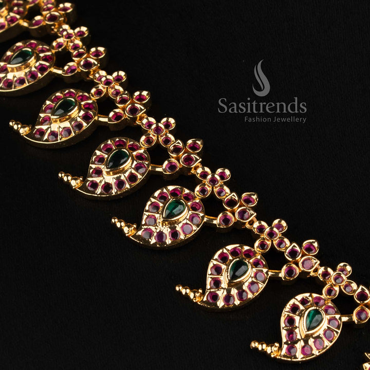 Sasitrends traditional mango paisley AD stone micro gold plated necklace set with elegant pearl drops