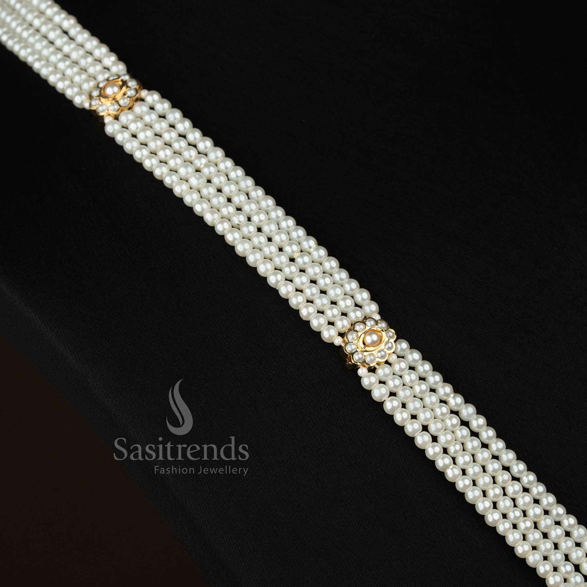 four layer hexagonal pearl haram jewellery featuring centre design, pearl drop detailing and premium micro gold plated finish for engagement and party wear from Sasitrends