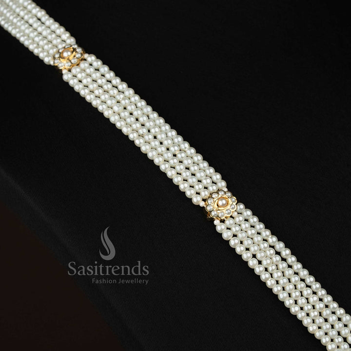 four layer hexagonal pearl haram jewellery featuring centre design, pearl drop detailing and premium micro gold plated finish for engagement and party wear from Sasitrends