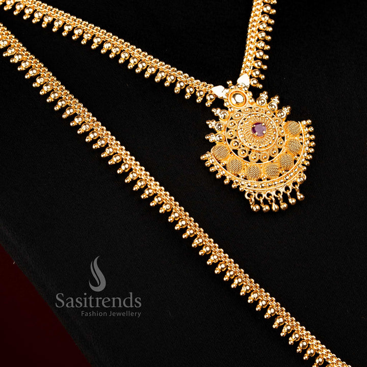 Guaranteed 24K Micro Gold Plated Traditional Long and Short Combo Necklace with Intricate Round Motif Structure | Real Gold Look 1 Gram Jewellery - Sasitrends