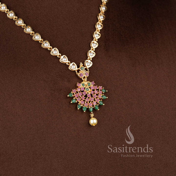 Sasitrends traditional micro gold plated chandbali pendant necklace jewellery set designed with floral motifs and pearl drops for cultural and festive wear