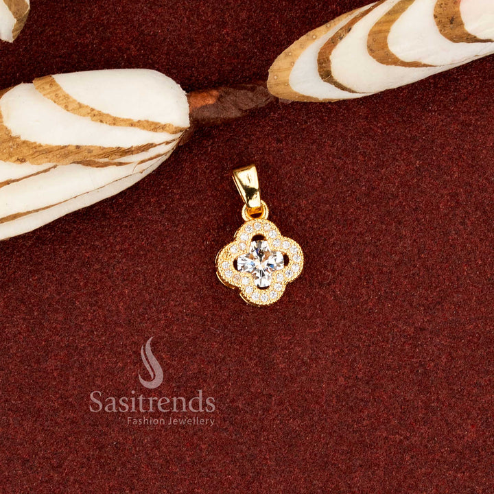 Sasitrends traditional micro gold plated white Ad stone designer pendant with symmetrical four petal clover silhouette and detailed stone alignment