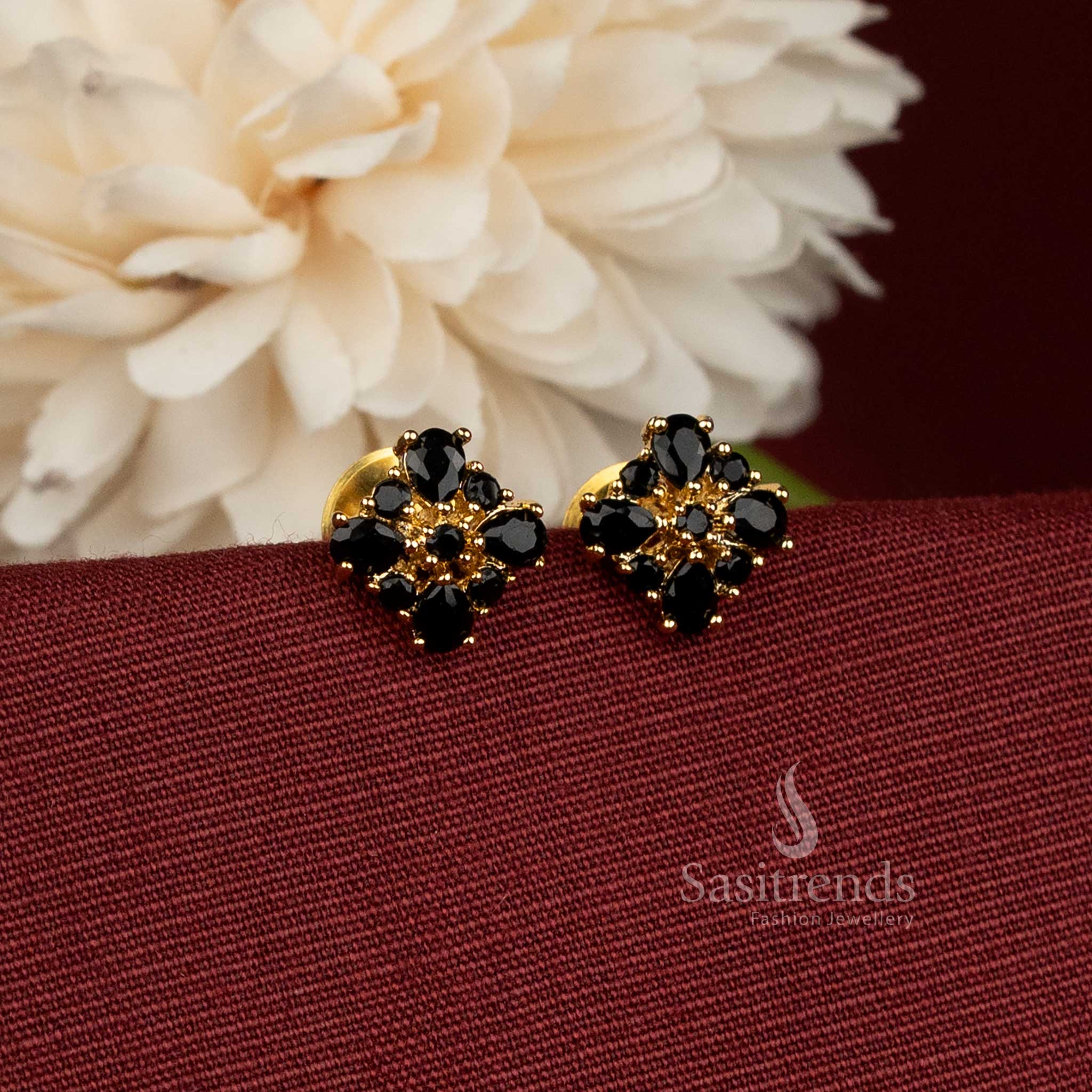 Sasitrends Traditional Four-Petal Flower Stud Earrings with Micro Gold Plating and Pearl Accents