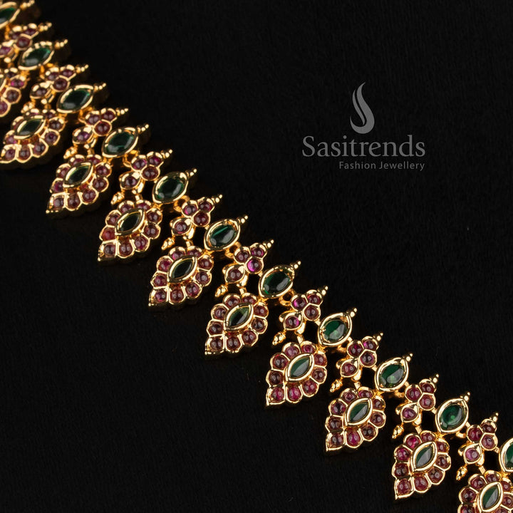 Sasitrends traditional micro gold plated leaf link AD necklace set with pearl drops and intricate design