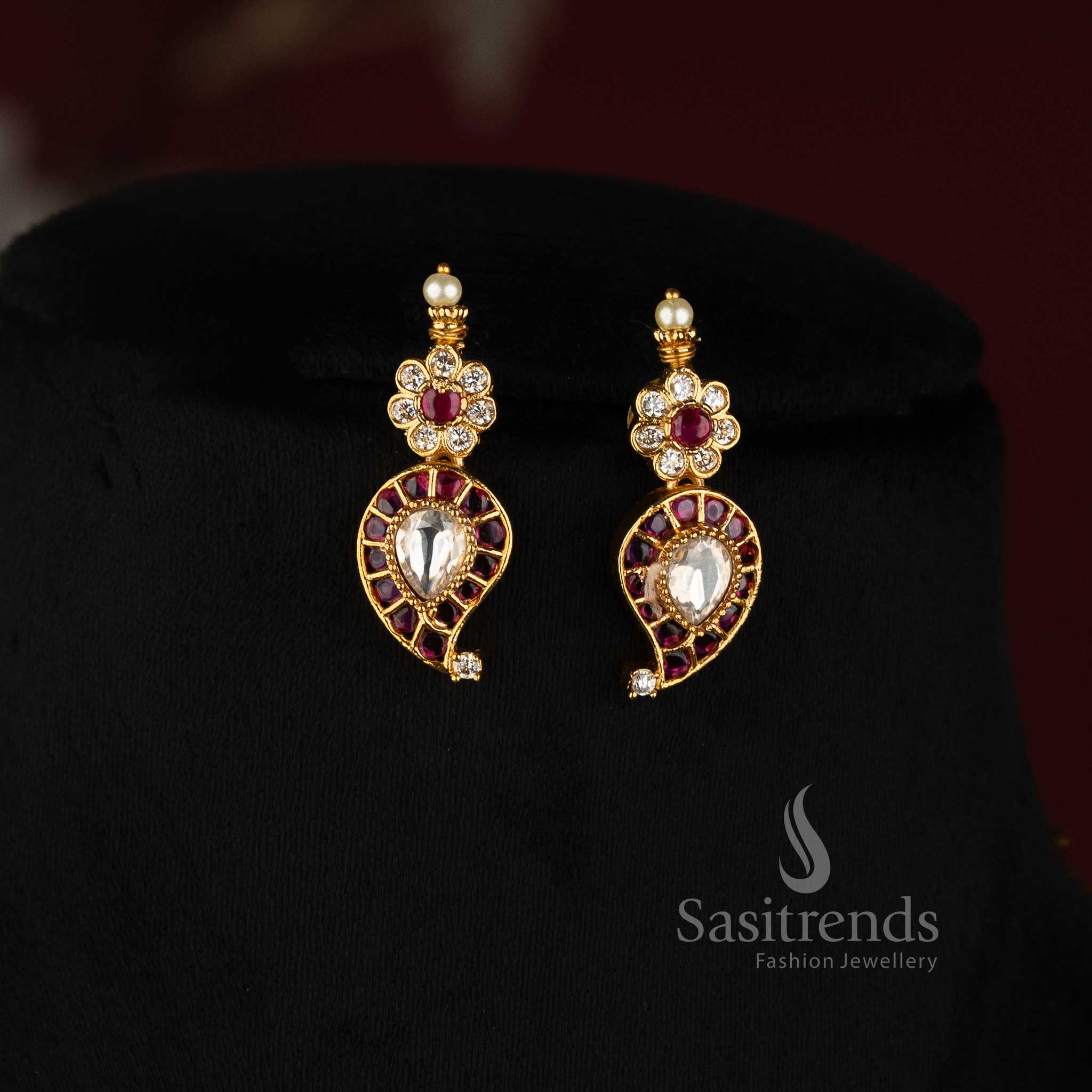 Sasitrends traditional micro gold plated mango paisley AD stone necklace jewellery set with matching earrings