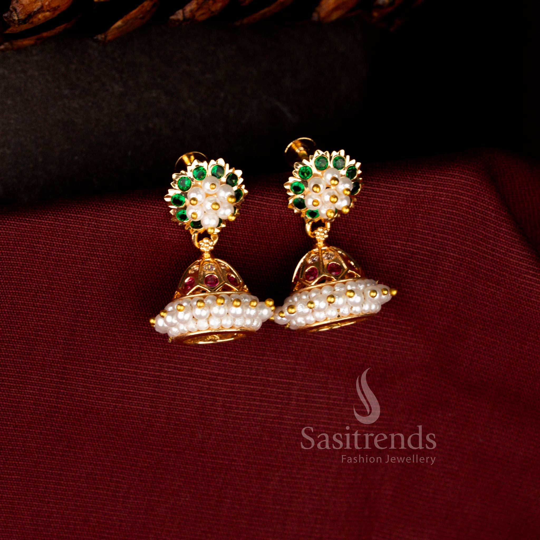 Sasitrends Guaranteed multi AD Stone micro gold plated floral jhumka earrings with pearl cluster centre