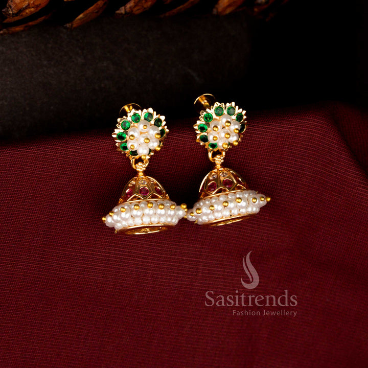 Sasitrends Guaranteed multi AD Stone micro gold plated floral jhumka earrings with pearl cluster centre