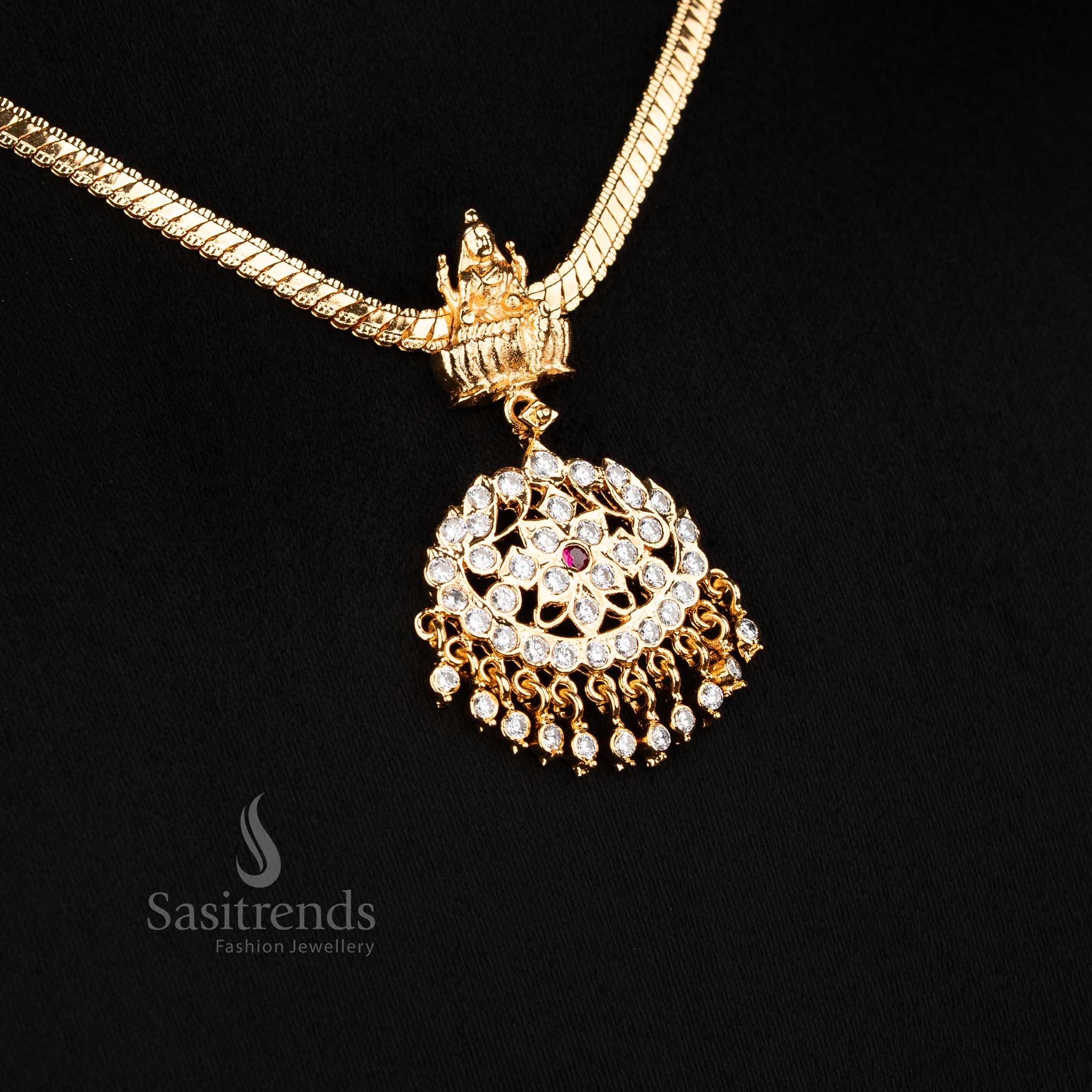Sasitrends traditional micro gold plated nan pathakam addigai necklace designed with floral pendant and Lakshmi motif centerpiece ideal for temple visits and heritage styling