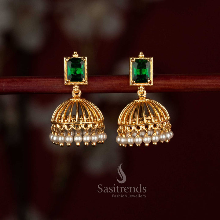 Guaranteed 24K micro gold plated green AD stone jhumka earrings featuring structured stud and traditional dome pattern