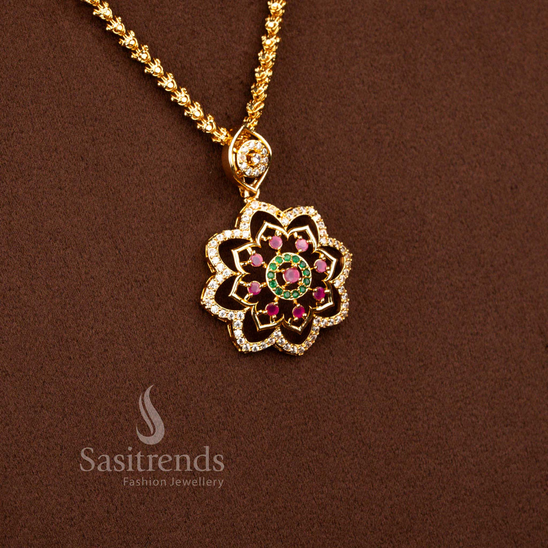 One Gram 24K Micro Gold Plated Floral Cluster AD Stone Dasavatharam Rope Chain Necklace - Sasitrends
