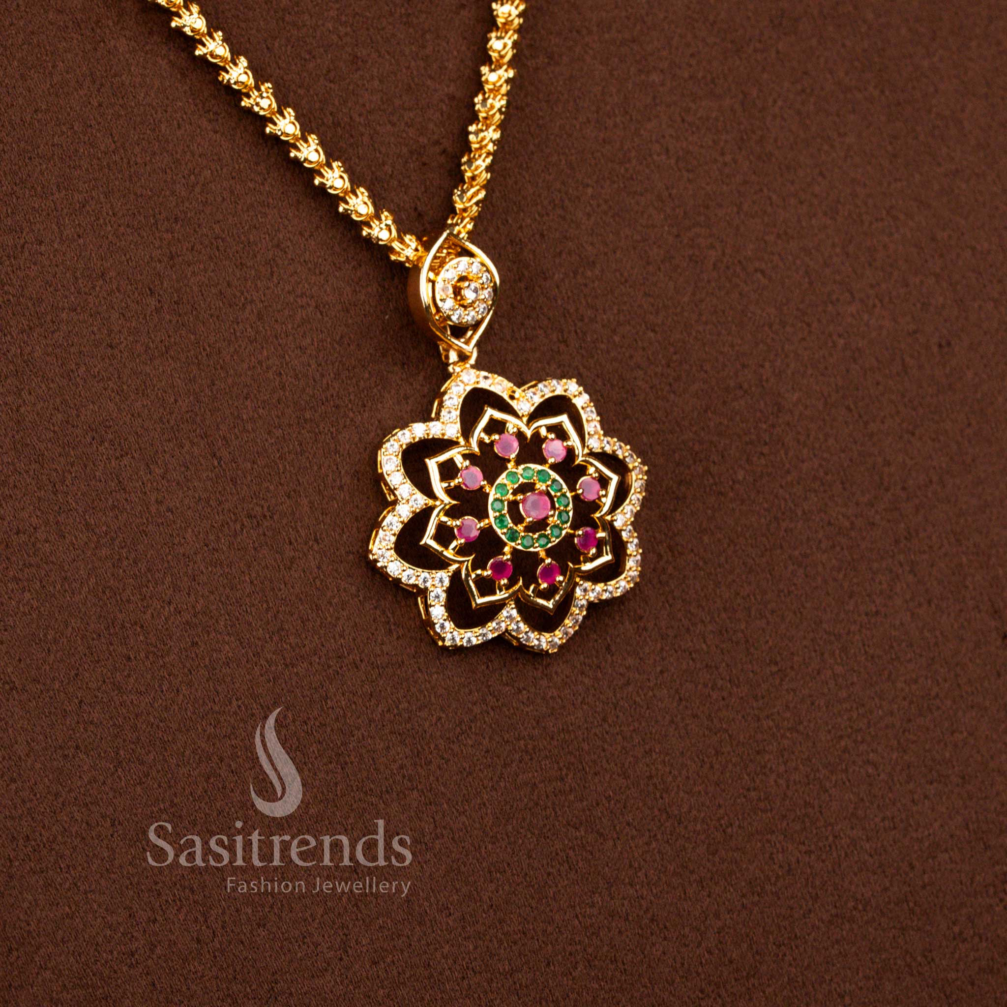 One Gram 24K Micro Gold Plated Floral Cluster AD Stone Dasavatharam Rope Chain Necklace - Sasitrends
