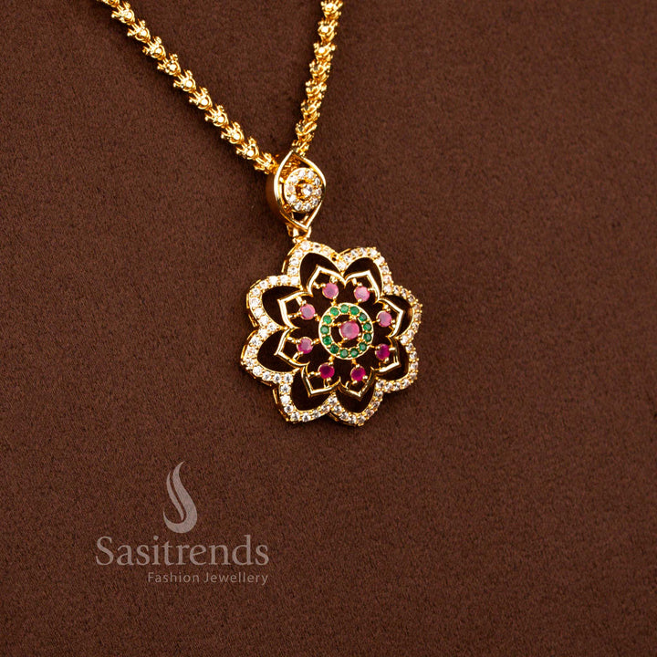 One Gram 24K Micro Gold Plated Floral Cluster AD Stone Dasavatharam Rope Chain Necklace - Sasitrends