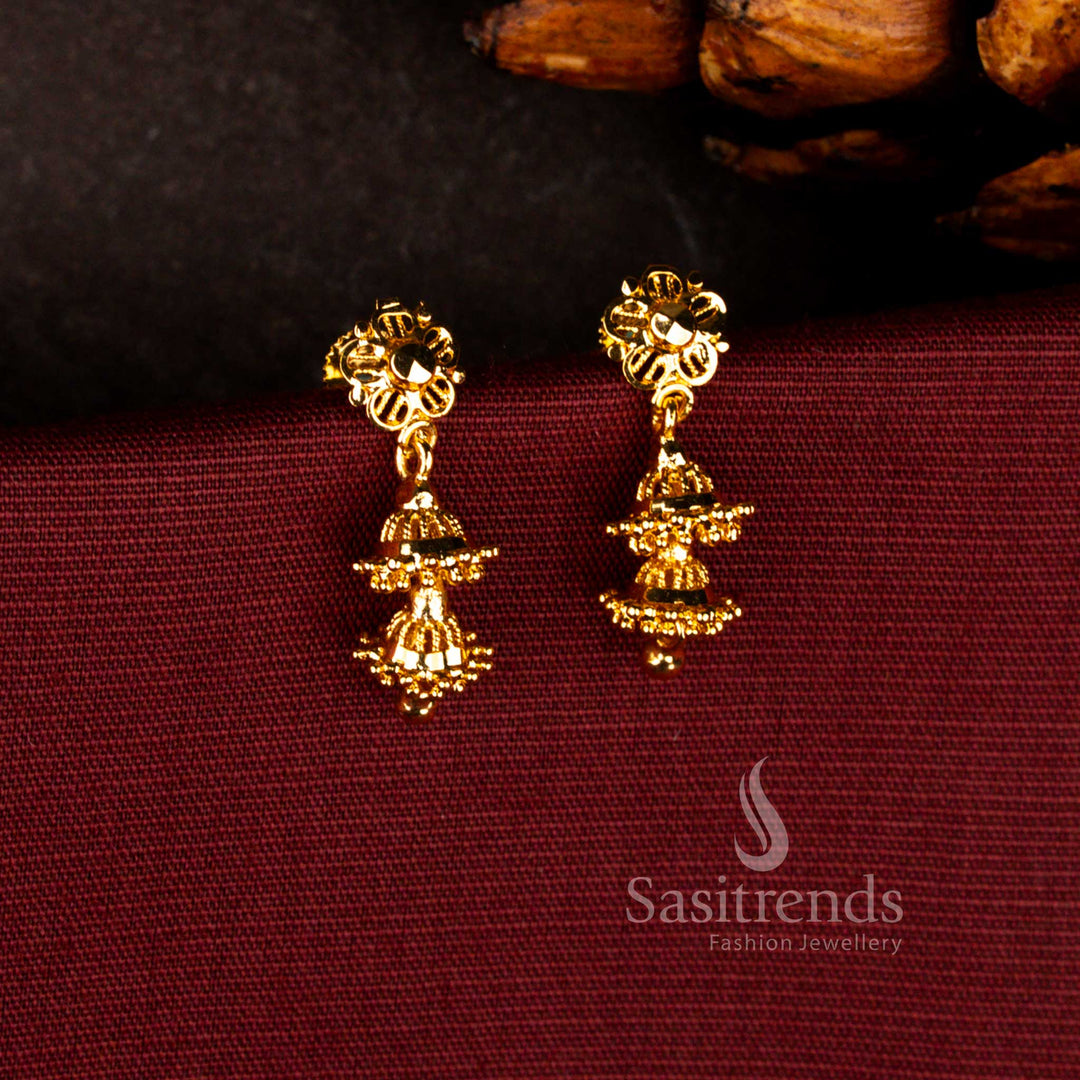 Sasitrends 24K micro gold plated heritage tiered temple jhumka earrings with carved floral stud top and layered bell drop