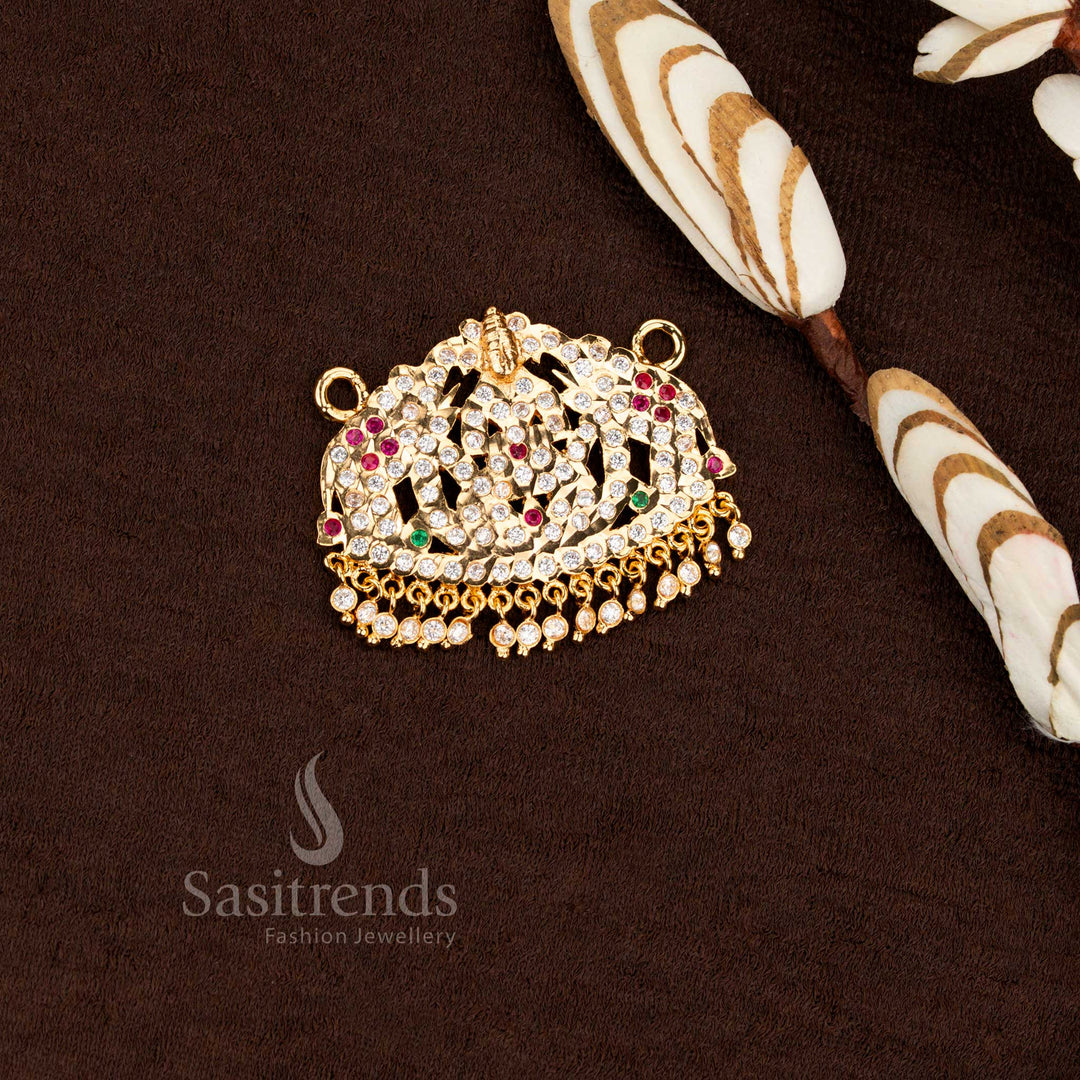 Real gold look micro god plated impon Gajalakshmi pendant from Sasitrends with detailed multi AD stone work and elegant hanging stone drops