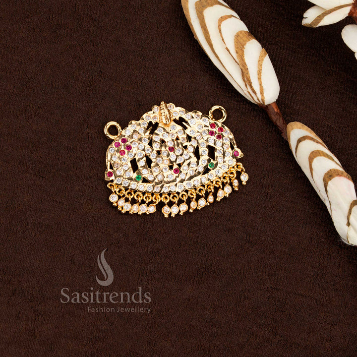 Real gold look micro god plated impon Gajalakshmi pendant from Sasitrends with detailed multi AD stone work and elegant hanging stone drops