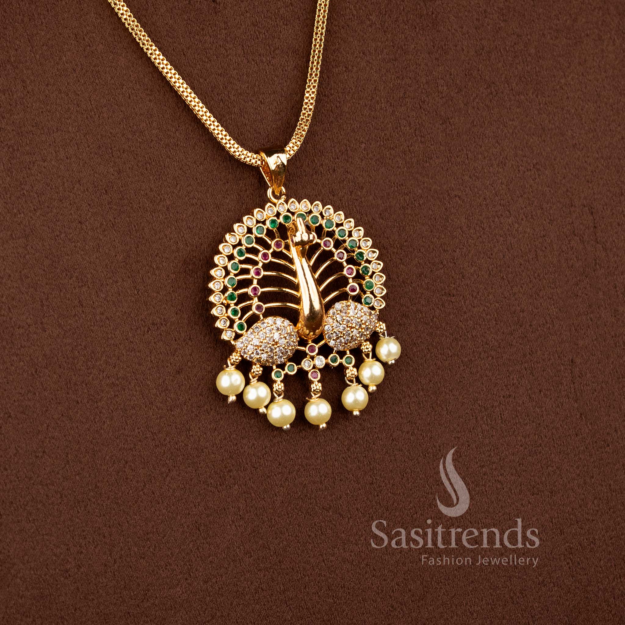 Sasitrends traditional micro gold plated multi AD stone pendant chain with mirrored peacock structure and hanging pearl style bead drops