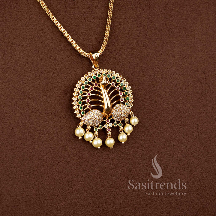 Sasitrends traditional micro gold plated multi AD stone pendant chain with mirrored peacock structure and hanging pearl style bead drops