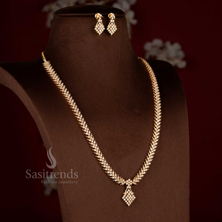 Sasitrends traditional micro gold plated white AD stone long  necklace and earrings set with layered geometric stone arrangement