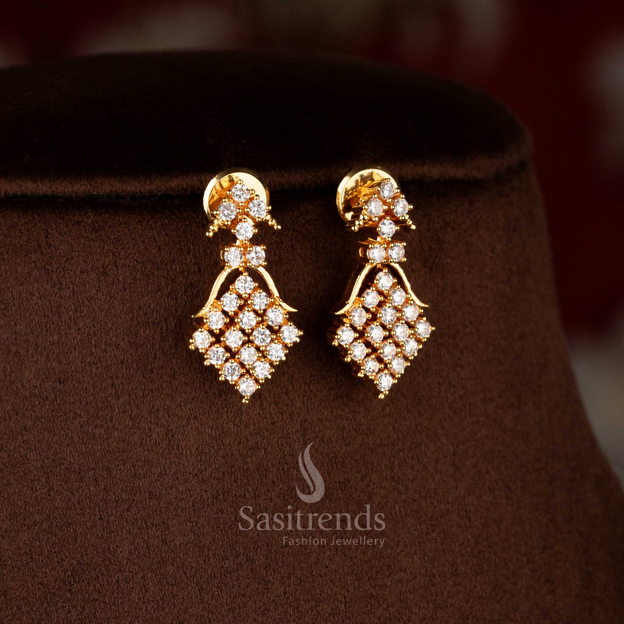 Sasitrends traditional micro gold plated white AD stone short necklace and earrings set with layered geometric stone arrangement