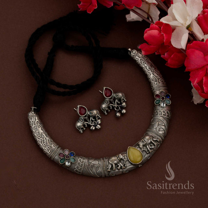 Sasitrends traditional oxidised husli yellow necklace set featuring carved elephant motifs designed for festive styling