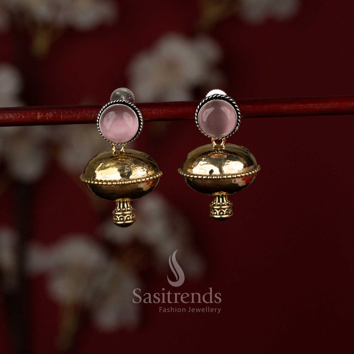 Sasitrends traditional pink oxidised finish earrings crafted with a round stone stud and detailed dome bell design, offering a timeless jhumka-inspired look for festive and temple styling.