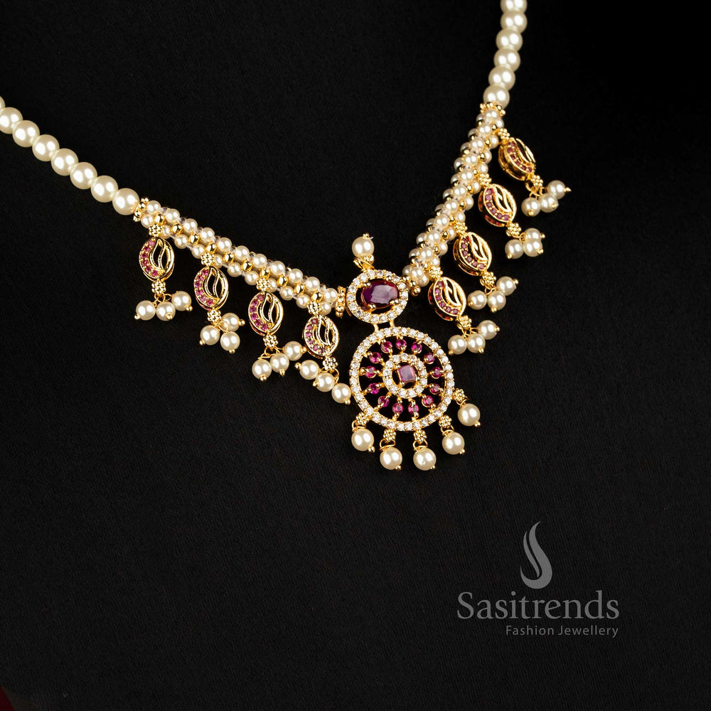 Sasitrends traditional pearl necklace featuring ornate central floral pendant, layered motifs and matching earrings 3039A 