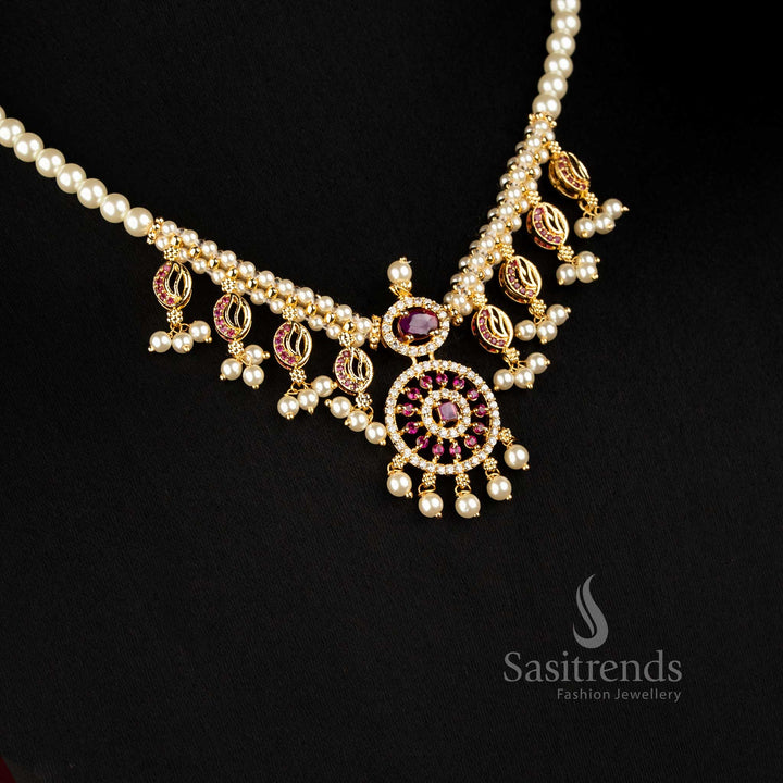 Sasitrends traditional pearl necklace featuring ornate central floral pendant, layered motifs and matching earrings 3039A 