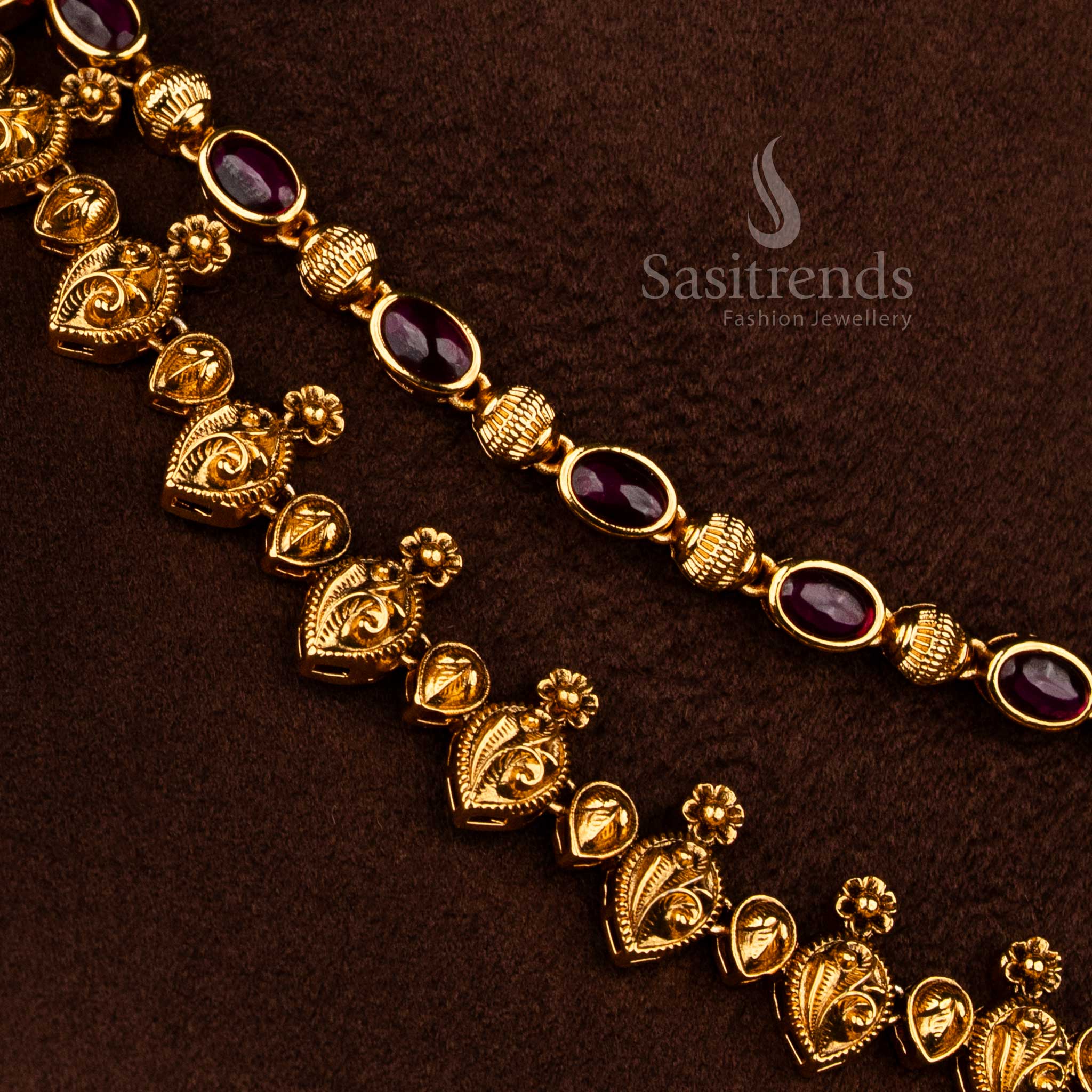 Sasitrends premium double layer temple necklace jewellery set with ruby AD stones and detailed craftsmanship
