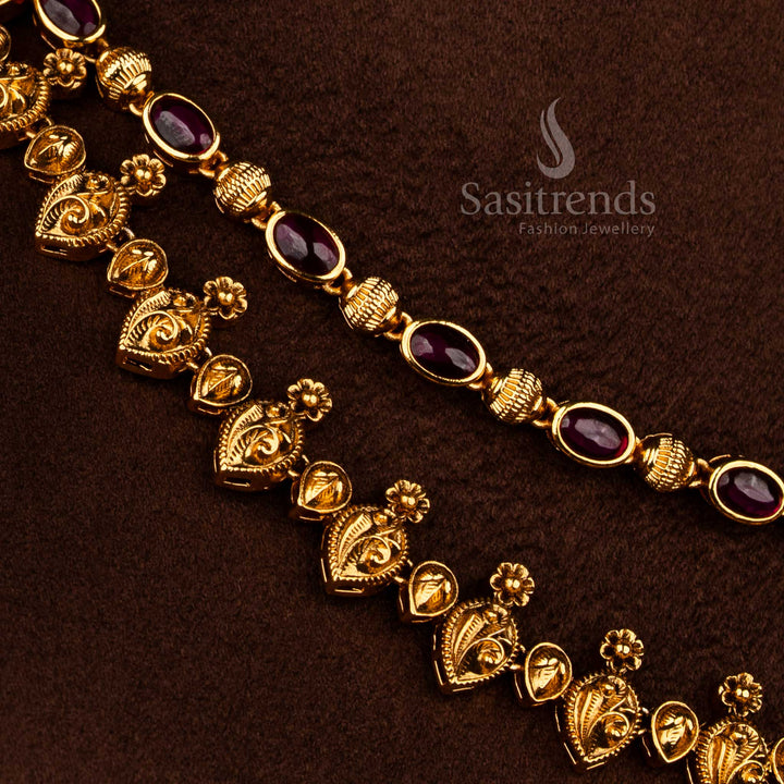 Sasitrends premium double layer temple necklace jewellery set with ruby AD stones and detailed craftsmanship