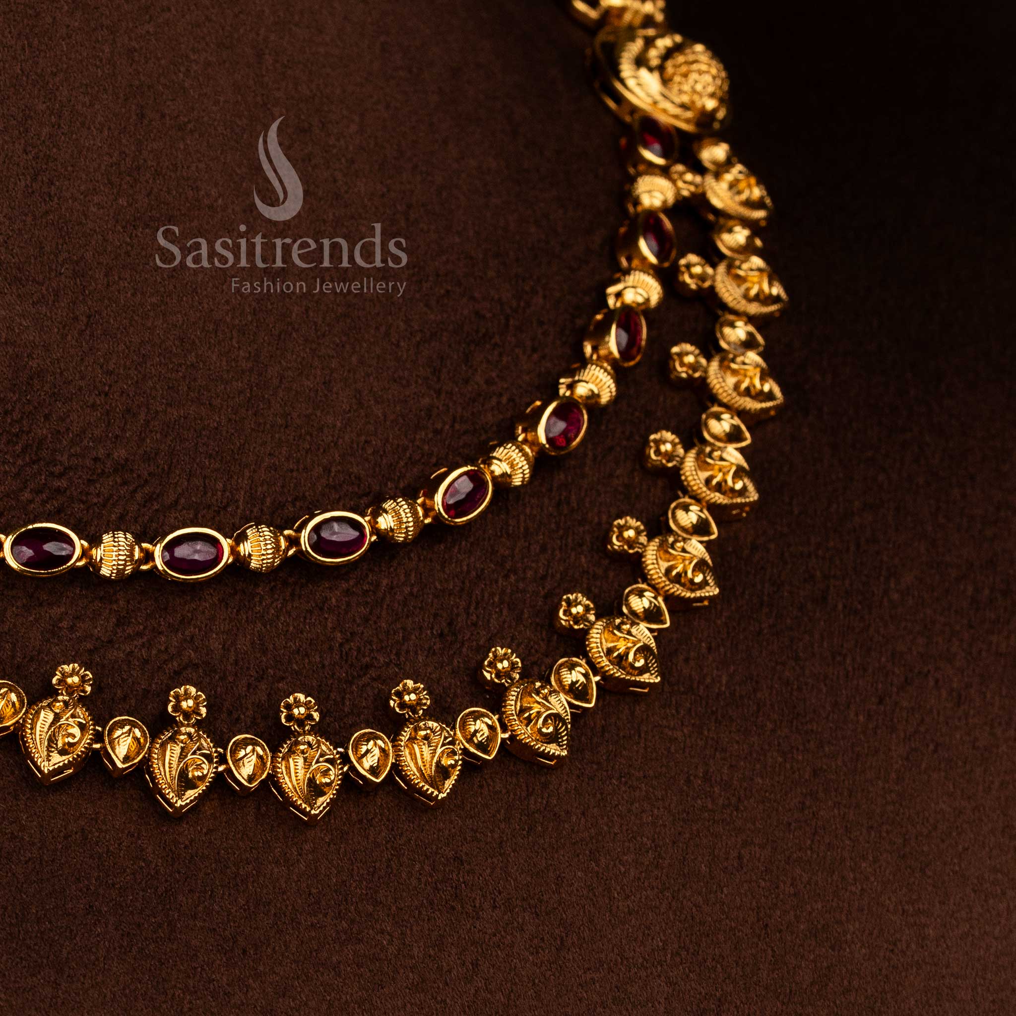 Sasitrends temple matte gold plated ruby AD stone double layer peacock paisley motif necklace set with rich traditional premium look