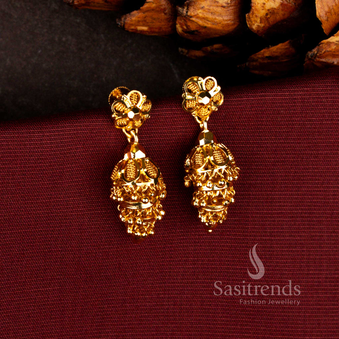 Sasitrends Guaranteed 24K micro gold plated royal layered temple jhumka earrings with floral stud top and extended bell drop