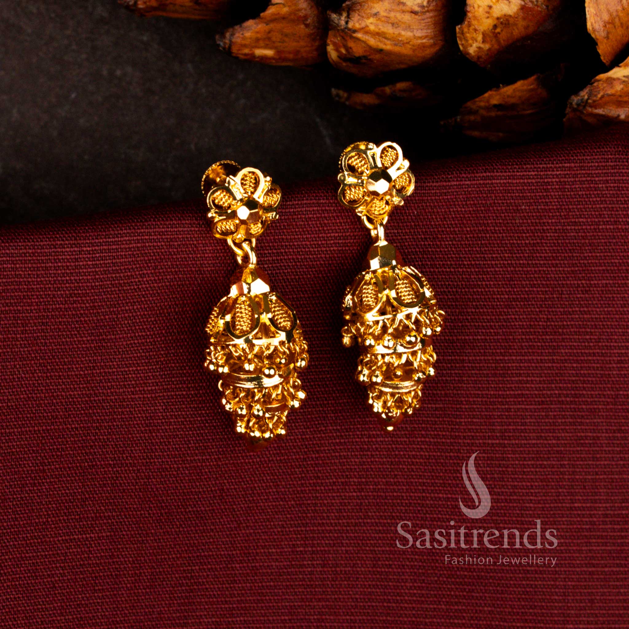 Sasitrends Guaranteed 24K micro gold plated royal layered temple jhumka earrings with floral stud top and extended bell drop