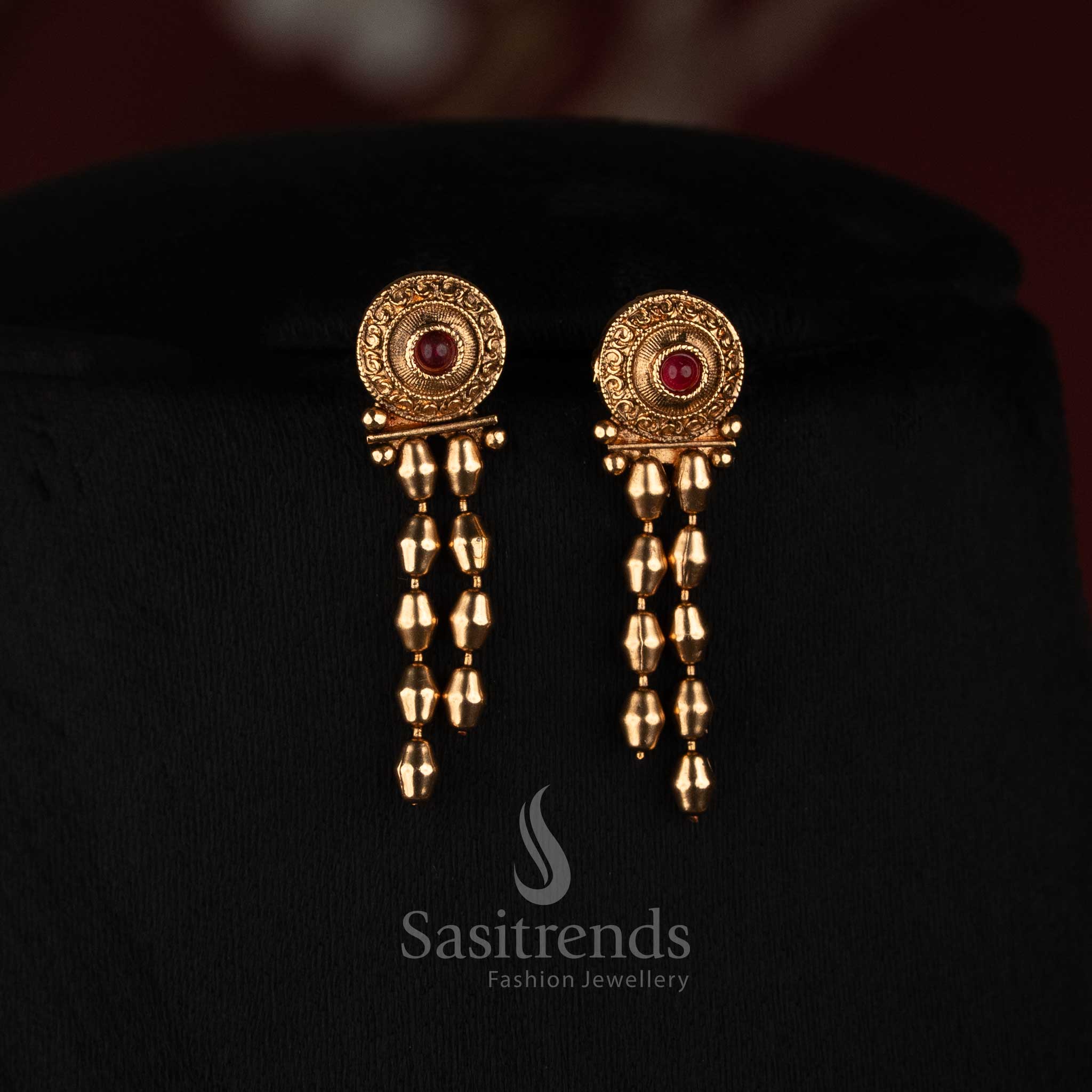Sasitrends traditional South Indian antique gold rice bead layered long haram necklace with sunburst hanging ball earrings