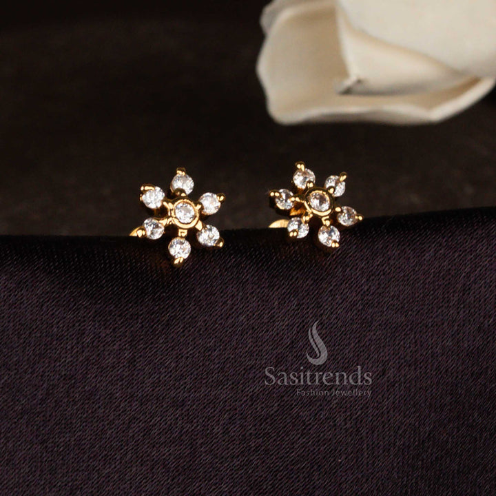 24K Micro Gold Plated American Diamond Floral Star Stud Earrings with Radiant Petal Formation & Authentic One Gram Gold Look