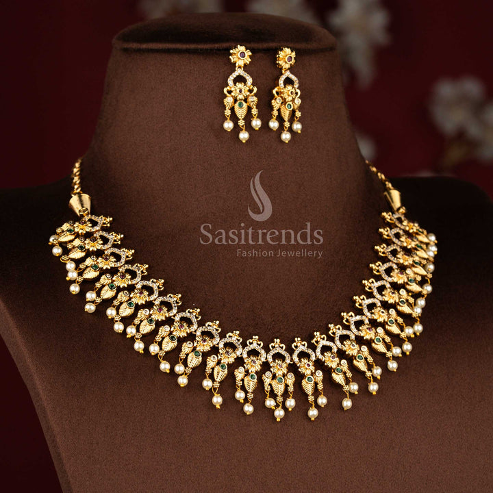 Sasitrends traditional temple matte gold plated floral motif multi AD stone short necklace jewellery set designed for brides, engagement ceremonies, festive gatherings, family functions and devotional events